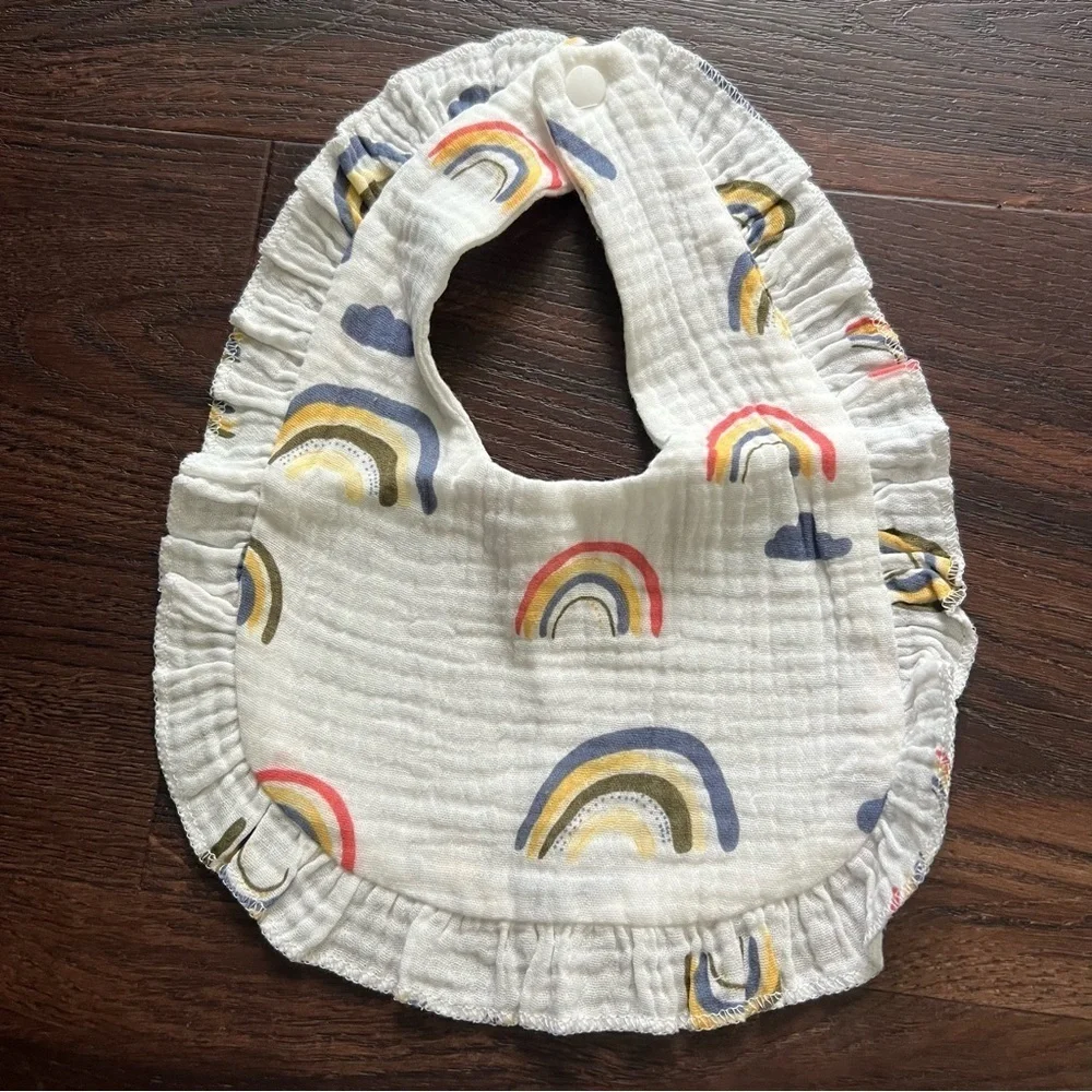 NEW set of 2 ruffle baby girl bibs with hearts and rainbow designs
